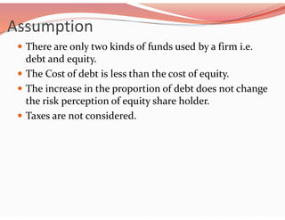 Assumption
 There are only two kinds of funds used by a firm i.e.
debt and equity.
 The Cost of debt is less than the cost of equity.
 The increase in the proportion of debt does not change
the risk perception of equity share holder.
 Taxes are not considered.
 