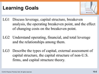 © 2012 Pearson Prentice Hall. All rights reserved. 13-2
Learning Goals
LG1 Discuss leverage, capital structure, breakeven
...