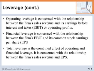 © 2012 Pearson Prentice Hall. All rights reserved. 13-5
Leverage (cont.)
• Operating leverage is concerned with the relati...