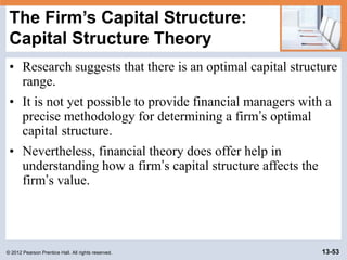 © 2012 Pearson Prentice Hall. All rights reserved. 13-53
The Firm’s Capital Structure:
Capital Structure Theory
• Research...