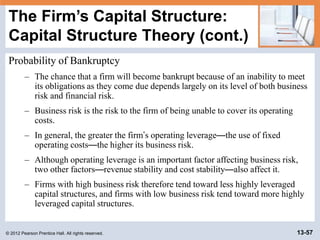 © 2012 Pearson Prentice Hall. All rights reserved. 13-57
The Firm’s Capital Structure:
Capital Structure Theory (cont.)
Pr...