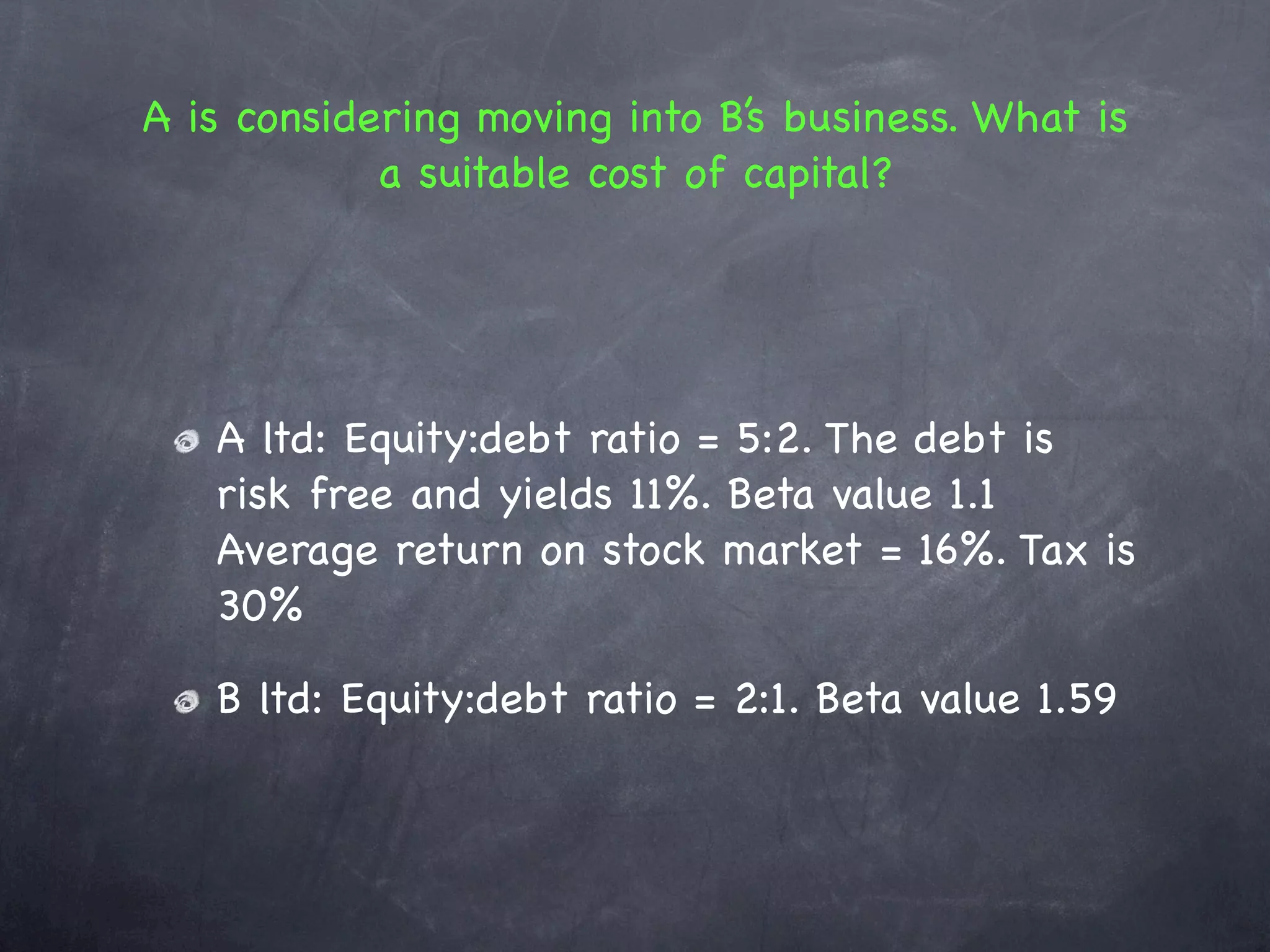 A is considering moving into B’s business. What is
            a suitable cost of capital?




   A ltd: Equity:debt ratio = 5:2. The debt is
   risk free and yields 11%. Beta value 1.1
   Average return on stock market = 16%. Tax is
   30%

   B ltd: Equity:debt ratio = 2:1. Beta value 1.59
 