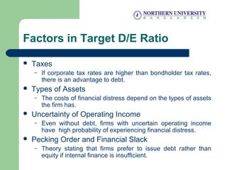 Factors in Target D/E Ratio
 Taxes
– If corporate tax rates are higher than bondholder tax rates,
there is an advantage to debt.
 Types of Assets
– The costs of financial distress depend on the types of assets
the firm has.
 Uncertainty of Operating Income
– Even without debt, firms with uncertain operating income
have high probability of experiencing financial distress.
 Pecking Order and Financial Slack
– Theory stating that firms prefer to issue debt rather than
equity if internal finance is insufficient.
 