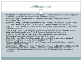 Bibliography 
 Modigliani, F. and M.H. Miller, 1963. “Corporate Income Taxes and the Cost of Capital: A 
Correction”. American Economic Review 53 (June): 433-443. 
 Myers, S.C., 1977. “Determinants of Corporate Borrowing”. Journal of Financial 
Economics 5, 147-175. 
 Myers, S.C., 1984. “The Capital Structure Puzzle”. Journal of Finance 39, 575-592. Myers, 
S. C., 2001. “Capital structure”. The Journal of Economic Perspectives, 15, 81-102. 
 Scott, J. H., 1977. “Bankruptcy, secured debt, and optimal capital structure”. The Journal 
of Finance, 32, 1-19 
 Sogorb, M. F., 2005. “How SME uniqueness affects capital structure: Evidence from a 
1994–1998 Spanish data panel”. Small Business Economics, 25, 447–457. 
 Stiglitz, J. E. and A. Weiss, 1981. “Credit Rationing in Markets with Imperfect 
Information”. American Economic Review 71(3), 393–410. 
 Wald, J. K., 1999. “How firm characteristic affect capital structure: an international 
comparison”. Journal Financial Research, 22(2), 161 – 88. 
 Zambrano, S. M. and Acuña, G. A. (2011). “Estructura de capital. Evolución teórica”. 
Criterio Libre 15(9), 81-102. 
 Zoppa, A. and McMahon, R., 2002. “Pecking Order Theory and the Financial Structure of 
Manufacturing SMEs from Australia‟s Business Longitudinal Survey”. School of 
Commerce, The Flinders University of South Australia. Research Paper Series 02-1. 
Australia. 
 