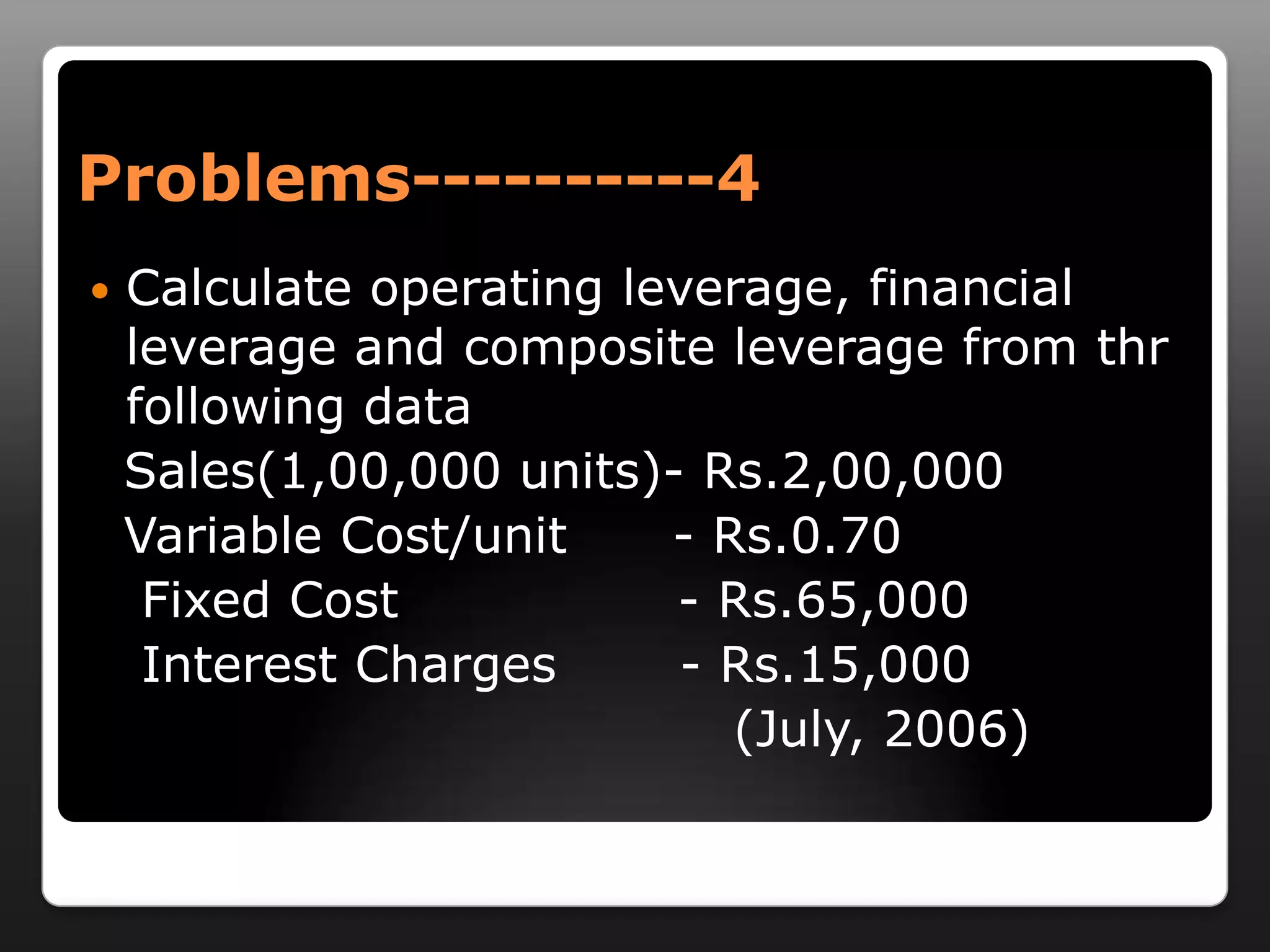 Problems----------4Calculate operating leverage, financial leverage and composite leverage from thr following data   Sales(1,00,000 units)- Rs.2,00,000  Variable Cost/unit      - Rs.0.70   Fixed Cost                - Rs.65,000   Interest Charges       - Rs.15,000                                     (July, 2006)