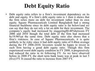 Debt Equity Ratio
• Debt equity ratio refers to a firm’s investment dependency on its
  debt and equity. If a firm’s debt equity ratio is 1 then it shows that
  the firm relies more on debt for investment rather than its own
  equity. Square Pharmaceuticals Limited Bangladesh had a strong
  financial backbone since its debt equity ratio is far below1and we
  can say that they do not rely a lot on debt for their investment. The
  company’s equity had increased by staggering80.48%between FY
  2006 and 2010 though the total debt of the firm had increased
  by19.96%at the same time. Debt equity ratio also shows that a
  firm’s riskiness. In case of Square Pharmaceuticals, it is quite
  unlikely to be risky since it had debt equity ratio of 0.40on average
  during the FY 2006-2010. Investors would be happy to invest in
  such firm having a good debt equity ratio. Though this firm
  experienced worst debt equity condition in FY 2008, it progressively
  had reduced the ratio in its following FY. As we have observed
  before in 2008 FY, the short term bank loans was at peak in last 5
  (five) FY. It caused the ratio to increase from 2007 FY.
 