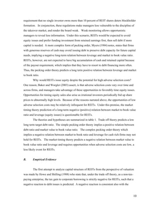 requirement that no single investor owns more than 10 percent of REIT shares deters blockholder
formation. In conjunction, these regulations make managers less vulnerable to the discipline of
the takeover market, and render the board weak. Weak monitoring allows opportunistic
managers to reveal less information. Under this scenario, REITs would be expected to avoid
equity issues and prefer funding investment from retained earnings first, then sell debt if more
capital is needed. A more complex form of pecking order, Myers (1984) notes, states that firms
with generous reserves of cash may avoid issuing debt to preserve debt capacity for future capital
needs, implying a negative long-term relation between leverage and market to book value ratio.
REITs, however, are not expected to have big accumulation of cash and retained capital because
of the payout requirement, which implies that they have to resort to debt financing more often.
Thus, the pecking order theory predicts a long term positive relation between leverage and market
to book ratio.
        Why would REITs issue equity despite the potential for high adverse selection costs?
One reason, Baker and Wurgler (2003) assert, is that adverse selection costs vary over time and
across firms, and managers take advantage of these opportunities to favorably time equity issues.
Opportunities for timing equity sales also arise as irrational investors periodically bid up share
prices to abnormally high levels. Because of the reasons narrated above, the opportunities of low
adverse selection costs may be relatively infrequent for REITs. Under this premise, the market
timing theory prediction of a long-term negative (positive) relation between market to book value
ratio and leverage (equity issues) is questionable for REITs.
        The theories and hypotheses are summarized in table 1. Trade off theory predicts a low
long term target debt ratio. The simple pecking order theory implies a positive relation between
debt ratio and market value to book value ratio. The complex pecking order theory which
implies a negative relation between market to book ratio and leverage for cash rich firms may not
hold for REITs. The market timing theory predicts a negative relation between market value to
book value ratio and leverage and requires opportunities when adverse selection costs are low, a
less likely event for REITs.


B.      Empirical Evidence


        The first attempt to analyze capital structure of REITs from the perspective of valuation
was made by Howe and Shilling (1988) who state that, under the trade off theory, as a non-tax-
paying enterprise, the tax gain to corporate borrowing is strictly negative for REITs, such that a
negative reaction to debt issues is predicted. A negative reaction is consistent also with the



                                                                                                     10
 