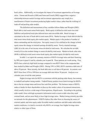 book values. Additionally, we investigate the impact of investment opportunities on leverage
ratios. Titman and Wessels (1988) and Fama and French (2002) suggest that a negative
relationship between market leverage and investment opportunities may simply be a
manifestation of better investment producing higher market values, rather than the workings of
trade-off and pecking order models.
        The definition and measurement of key variables follows Baker and Wurgler (2002).
Book debt is total assets minus book equity. Book equity is defined as total assets less total
liabilities and preferred stock plus deferred taxes and convertible debt. Book leverage is
calculated as the ratio of book debt to total assets (D/A). Market leverage is book debt divided by
total assets minus book equity plus market equity. Market equity is the product of number of
shares outstanding and the stock price. Net equity issues (e/A) is defined as the change in book
equity minus the change in retained earnings divided by assets. Newly retained earnings
(∆RE/A) is the ratio of net income minus dividend to total assets. We calculate the net debt
issued (d/A) as the residual change in assets divided by total assets. Market-to-book value ratio
(M/B) is defined as total assets minus book equity plus market equity divided by total assets.
        In table 3, we report the summary statistics of REITs leverage ratios and their financing
by IPO year in panel A and by calendar year in panel B. Three patterns are worth noting. First,
REITs have relatively high book leverage compared to non-REIT firms in the compustat data
base studied by Baker and Wurgler (2002). During 1991 to 2003, REITs maintain a debt ratio of
above 50 percent. More recently, the book debt ratio is well above 60 percent. In contrast, non-
REIT firms from 1974 to 1999 have an average debt ratio below 50 percent. Analyses over
calendar years reveal the same pattern.
        Higher leverage ratio for REITs is consistent with the pecking order theory, but contrary
to tradeoff and market timing models. Tradeoff theory predicts lower book leverage for REITs
due to the tax exempt status and lower free cash flow problem. The business nature of REITs
makes it harder for their shareholders to discover the market values of investment transactions,
which usually involves a wide range of heterogeneous, illiquid assets. According to the pecking
order model, firms with high asymmetric information tend to resort to debt when they need
external funds, and are more likely to have high leverage ratios. Market timing certainly provides
no rationale for this phenomenon. If REITs behave like other firms in choosing the source of
external capital, and raise equity under favorable market conditions and debt under unfavorable
market conditions, it is hard to reconcile why REITs, on average, have higher leverage ratios
relative to other types of firms.




                                                                                                   13
 