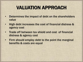 VALUATION APPROACH
• Determines the impact of debt on the shareholders
value
• High debt increases the cost of financial distress &
agency cost
• Trade off between tax shield and cost of financial
distress & agency cost
• Firm should employ debt to the point the marginal
benefits & costs are equal
 