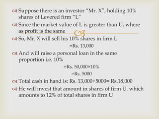 
 Suppose there is an investor “Mr. X”, holding 10%
shares of Levered firm “L”
 Since the market value of L is greater than U, where
as profit is the same
 So, Mr. X will sell his 10% shares in firm L
=Rs. 13,000
 And will raise a personal loan in the same
proportion i.e. 10%
=Rs. 50,000×10%
=Rs. 5000
 Total cash in hand is: Rs. 13,000+5000= Rs.18,000
 He will invest that amount in shares of firm U. which
amounts to 12% of total shares in firm U
 