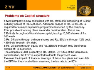 Problems on Capital structure Fitwell company is now capitalized with Rs. 50,00,000 consisting of 10,000 ordinary shares of Rs. 500 each. Additional finance of Rs. 50,00,000 is required for a major expansion programme launched by the company. Four possible financing plane are under consideration. These are: Entirely through additional share capital, issuing 10,000 shares of Rs. 500 each. Rs. 25 lakhs through ordinary shares and Rs. 25lakhs through 12% debt. Entirely through 13% debt. Rs. 25 lakhs through equity and Rs. 25lakhs through 10% preference shares of Rs. 500 each. The company’s EBIT presently is Rs. 6lakhs. By virtue of the increase in capitalization, the EBIT is expected to double the present level. Examine the impact of financial leverage of these four plans and calculate the EPS for the shareholders, assuming the tax rate to be 50%. 