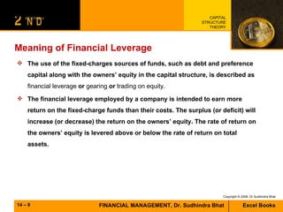 Meaning of Financial Leverage The use of the fixed-charges sources of funds, such as debt and preference capital along with the owners’ equity in the capital structure, is described as  financial leverage  or   gearing   or   trading on equity.   The financial leverage employed by a company is intended to earn more return on the fixed-charge funds than their costs. The surplus (or deficit) will increase (or decrease) the return on the owners’ equity. The rate of return on the owners’ equity is levered above or below the rate of return on total assets.  