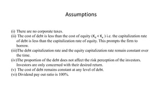 Assumptions
(i) There are no corporate taxes.
(ii) The cost of debt is less than the cost of equity (Kd < Ke ) i.e. the capitalization rate
of debt is less than the capitalization rate of equity. This prompts the firm to
borrow.
(iii)The debt capitalization rate and the equity capitalization rate remain constant over
the time.
(iv)The proportion of the debt does not affect the risk perception of the investors.
Investors are only concerned with their desired return.
(v) The cost of debt remains constant at any level of debt.
(vi) Dividend pay out ratio is 100%.
 