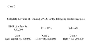 Calculate the value of Firm and WACC for the following capital structures
EBIT of a firm Rs.
3,00,000
Ke = 10% Kd = 6%
Case 1
Debt capital Rs. 500,000
Case 2
Debt = Rs. 800,000
Case 3
Debt = Rs. 200,000
Case 3.
 