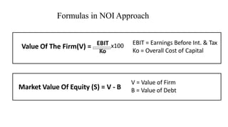 Formulas in NOI Approach
Ko
V = Value of Firm
B = Value of Debt
Market Value Of Equity (S) = V - B
EBIT = Earnings Before Int. & Tax
Ko = Overall Cost of Capital
Value Of The Firm(V) = EBIT x100
 