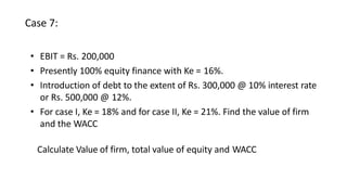 • EBIT = Rs. 200,000
• Presently 100% equity finance with Ke = 16%.
• Introduction of debt to the extent of Rs. 300,000 @ 10% interest rate
or Rs. 500,000 @ 12%.
• For case I, Ke = 18% and for case II, Ke = 21%. Find the value of firm
and the WACC
Calculate Value of firm, total value of equity and WACC
Case 7:
 