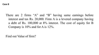 There are 2 firms “A” and “B” having same earnings before
interest and tax Rs. 20,000. Firm A is a levered company having
a debt of Rs. 100,000 at 8% interest. The cost of equity for B
Company is 10% and for A is 12%.
Find out Value of firm?
Case 8
 