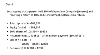 Contd
Lets assume that a person hold 10% of shares in A Company (Levered) and
receiving a return of 10% on his investment. Calculate his return?
• Total capital of A =208,334
• Equity Capital : 108,334
• 10% shares of 108,334 = 10833
• Return for him 10 % of EBIT after interest payment (10% of EBT).
• EBT of A = EBIT – I
20000 – 8000 = 12000
• Return = 10 % 12000 = 1200
 