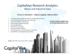 CapitalVue Research Analytics
Macro and Industrial Data
China in Numbers – Macro Update, March 2013
 Credit Outpaces GDP Growth, Consumption Contributes More to Growth
 Social Financing Hits All-Time High, Loan Growth Lags
 Inflation Falls, PMI Hits 11-Month High
 Exports Increase, Along with Questions
 Income Growth Declines
 Investment vs. Consumption
 Property Continues to Rebound
 The Li Keqiang Index – Loans, Electricity Use, Rail Freight
 Capital Markets, Capital Supplies, Exchange Rates
Key Data : NBS, NDRC, China Customs, Brokers, CapitalVue
1
A select sample brought to you
by Analytics@CapitalVue.com
 