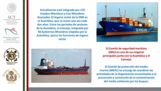 Actualmente está integrada por 170
Estados Miembros y tres Miembros
Asociados. El órgano rector de la OMI es
la Asamblea, que se reúne una vez cada
dos años. Entre los periodos de sesiones
de la Asamblea, el Consejo, integrado por
40 Gobiernos Miembros elegidos por la
Asamblea, ejerce las funciones de órgano
rector
El Comité de seguridad marítima
(MSC) es uno de sus órganos
principales junto con la Asamblea y el
Consejo.
El Comité de protección del medio
marino (MEPC) se encarga de coordinar las
actividades de la Organización encaminadas a la
prevención y contención de la contaminación
del medio ambiente por los buques.
 