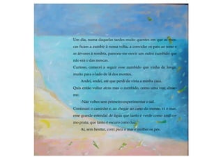 Um dia, numa daquelas tardes muito quentes em que as mos-
cas ficam a zumbir à nossa volta, a convidar os pais ao sono e
as árvores à sombra, pareceu-me ouvir um outro zumbido que
não era o das moscas.
Curioso, comecei a seguir esse zumbido que vinha de longe,
muito para o lado de lá dos montes.
Andei, andei, até que perdi de vista a minha casa.
Quis então voltar atrás mas o zumbido, como uma voz, disse-
me:
-Não voltes sem primeiro experimentar o sal.
Continuei o caminho e, ao chegar ao cimo do monte, vi o mar,
esse grande estendal de água que tanto é verde como azul co-
mo prata; que tanto é escuro como luz.
Aí, sem hesitar, corri para o mar e molhei os pés.
 