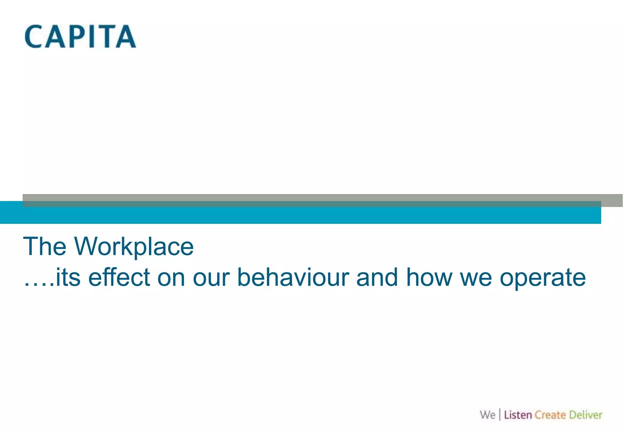 The Workplace
….its effect on our behaviour and how we operate
 