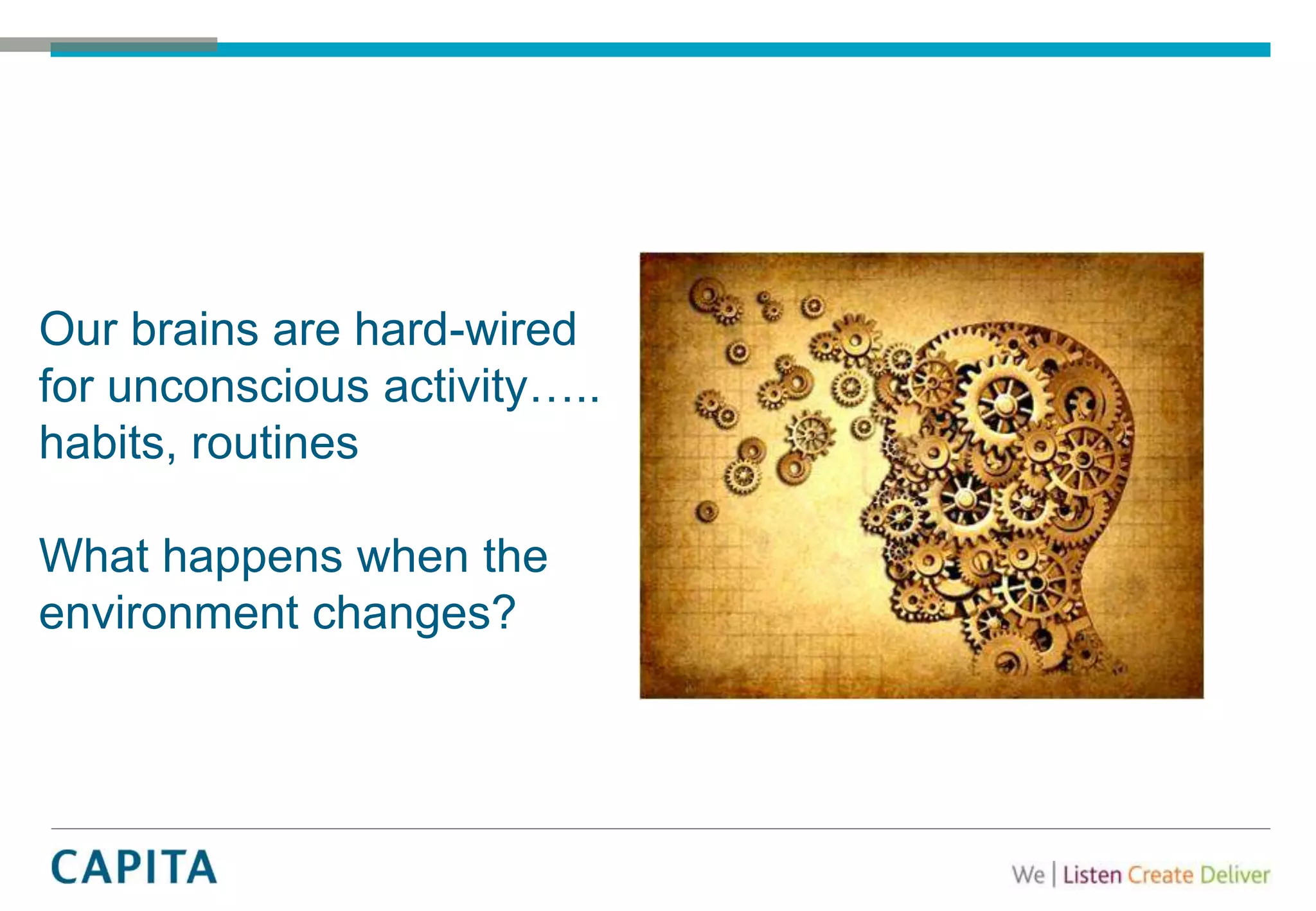 Our brains are hard-wired
for unconscious activity…..
habits, routines
What happens when the
environment changes?
 