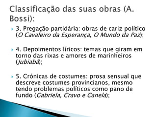    3. Pregação partidária: obras de cariz político
    (O Cavaleiro da Esperança, O Mundo da Paz);

   4. Depoimentos líricos: temas que giram em
    torno das rixas e amores de marinheiros
    (Jubiabá);

   5. Crónicas de costumes: prosa sensual que
    descreve costumes provincianos, mesmo
    tendo problemas políticos como pano de
    fundo (Gabriela, Cravo e Canela);
 