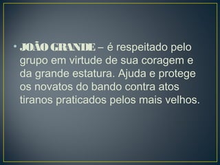 • JOÃO GRANDE – é respeitado pelo
grupo em virtude de sua coragem e
da grande estatura. Ajuda e protege
os novatos do bando contra atos
tiranos praticados pelos mais velhos. 
 