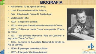BIOGRAFIA
4
• Nascimento: 10 de Agosto de 1912;
• Local: Fazenda da Auricidia, Itabuna;
• Pais : João Amado Faria e D. Eulália Leal;
• Mudança de 1917;
• 1922 – Criação do “Luneta”;
• 1922 – Vem para Salvador estudar no Antônio Vieira;
• 1927 – Publica na revista “Luva” uma poesia “Poema
ou Prosa”
• 1931 - Seu primeiro Romance “País do Carnaval” e
logo após “Cacau” e “Suor”
• 1935 - Se forma na Faculdade Nacional de Direito do
Rio de Janeiro;
• 1936 – É preso por questões politicas
• 1937 – É lançado “Capitães da Areia”
 