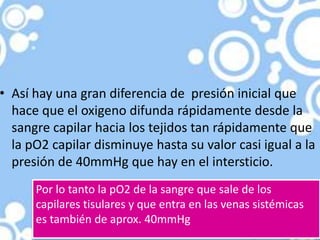 • Así hay una gran diferencia de presión inicial que
  hace que el oxigeno difunda rápidamente desde la
  sangre capilar hacia los tejidos tan rápidamente que
  la pO2 capilar disminuye hasta su valor casi igual a la
  presión de 40mmHg que hay en el intersticio.
      Por lo tanto la pO2 de la sangre que sale de los
      capilares tisulares y que entra en las venas sistémicas
      es también de aprox. 40mmHg
 