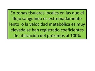 En zonas tisulares locales en las que el
  flujo sanguíneo es extremadamente
lento o la velocidad metabólica es muy
 elevada se han registrado coeficientes
   de utilización del próximos al 100%
 