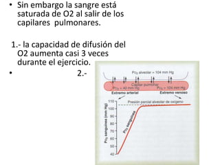 • Sin embargo la sangre está
  saturada de O2 al salir de los
  capilares pulmonares.

 1.- la capacidad de difusión del
   O2 aumenta casi 3 veces
   durante el ejercicio.
•                   2.-
 