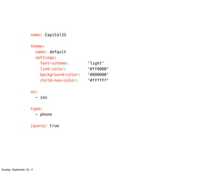 name: CapitolJS

                      theme:
                        name: default
                        settings:
                          font-scheme:        'light'
                          link-color:         '#ff0000'
                          background-color:   '#000000'
                          child-nav-color:    '#ffffff'

                      os:
                        - ios

                      type:
                        - phone

                      jquery: true




Sunday, September 18, 11
 