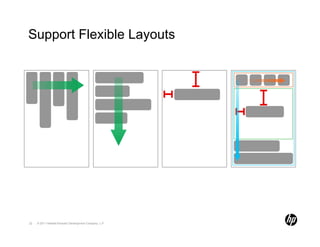 Support Flexible Layouts




     HFlexBox                                           VFlexBox   Absolute   Nested



22   © 2011 Hewlett-Packard Development Company, L.P.
 