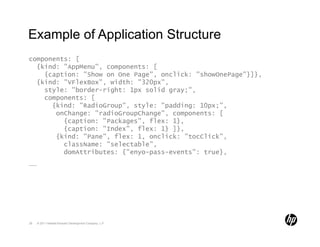 Example of Application Structure
components: [
  {kind: "AppMenu", components: [
    {caption: "Show on One Page", onclick: "showOnePage"}]},
  {kind: "VFlexBox", width: "320px",
    style: "border-right: 1px solid gray;",
    components: [
      {kind: "RadioGroup", style: "padding: 10px;",
       onChange: "radioGroupChange", components: [
         {caption: "Packages", flex: 1},
         {caption: "Index", flex: 1} ]},
       {kind: "Pane", flex: 1, onclick: "tocClick",
         className: "selectable",
         domAttributes: {"enyo-pass-events": true},
……




28   © 2011 Hewlett-Packard Development Company, L.P.
 