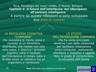 A partire da queste riflessioni si sono sviluppate due  aree di ricerca : Riva, Psicologia dei nuovi media, Il Mulino, Bologna Capitolo V. Il futuro dell’interfaccia: dal ciberspazio all’ambient intelligence LA PSICOLOGIA COGNITIVA “CORPOREA”   che considera la mente come il risultato di un fenomeno distribuito, che risiede non solo nella testa, e descrive i processi cognitivi come il risultato dall’interazione in tempo reale e diretta verso un obiettivo tra un organismo e l’ambiente LO STUDIO DELL’INTERAZIONE CORPOREA che ha come principale obiettivo l’uso della corporeità per facilitare l’interazione uomo-computer, realizzando interfacce e metafore e oggetti fisici in grado di comprendere le necessità dell’utente 