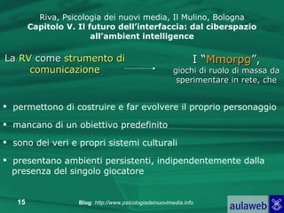 Riva, Psicologia dei nuovi media, Il Mulino, Bologna Capitolo V. Il futuro dell’interfaccia: dal ciberspazio all’ambient intelligence La  RV  come  strumento di comunicazione permettono di costruire e far evolvere il proprio personaggio  mancano di un obiettivo predefinito sono dei veri e propri sistemi culturali I “ Mmorpg ”, giochi di ruolo di massa da sperimentare in rete, che presentano ambienti persistenti, indipendentemente dalla  presenza del singolo giocatore 