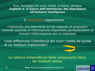 Riva, Psicologia dei nuovi media, Il Mulino, Bologna Capitolo V. Il futuro dell’interfaccia: dal ciberspazio all’ambient intelligence L’ interfaccia   rappresenta L’elemento che determina la mia capacità di analizzare l’elevata quantità di informazione disponibile permettendomi di trovare l’informazione che mi interessa La relativa indipendenza dalla componente fisica del medium stesso Cosa differenzia l’interfaccia dei nuovi media da quella di un medium tradizionale? 
