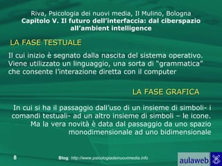 Riva, Psicologia dei nuovi media, Il Mulino, Bologna Capitolo V. Il futuro dell’interfaccia: dal ciberspazio all’ambient intelligence LA FASE TESTUALE Il cui inizio è segnato dalla nascita del sistema operativo. Viene utilizzato un linguaggio, una sorta di “grammatica” che consente l’interazione diretta con il computer In cui si ha il passaggio dall’uso di un insieme di simboli- i comandi testuali- ad un altro insieme di simboli – le icone. Ma la vera novità è data dal passaggio da uno spazio monodimensionale ad uno bidimensionale LA FASE GRAFICA 