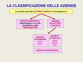 LA CLASSIFICAZIONE DELLE AZIENDE
   Le aziende secondo la FORMA GIURIDICA si distinguono in




       AZIENDE INDIVIDUALI               AZIENDE
       appartengono a un solo          COLLETTIVE
          proprietario, detto           o SOCIETÀ
           IMPRENDITORE



                                        SOCIETÀ
                        SOCIETÀ
                                       DI CAPITALI
                       DI PERSONE
                                           s.p.a.
                           s.a.s.
                                          s.a.p.a.
                           s.n.c.
                                           s.r.l.


                         SOCIETÀ COOPERATIVE



                                                             .
 