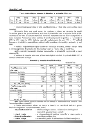 Monedă şi credit

               Viteza de circulaţie a monedei în România în perioada 1991-1998

          1991       1992         1993        1994        1995        1996        1997         1998
  M1      7,1 rot.   8,3 rot.    13,8 rot.   17,6 rot.   14,5 rot.   13,9 rot.   20,2 rot.    19,4 rot.
  M2      3,7 rot.   5,0 rot.     7,3 rot.    7,5 rot.    5,5 rot.    4,9 rot.    5,6 rot.     4,8 rot.

        • Din informaţiile prezentate în tabel rezultă diferenţa de viteză între componentele masei
monetare.
        Diferenţele dintre cele două moduri de exprimare a vitezei de circulaţie, la nivelul
fiecărui an, provin din gradul diferit de activitate al elementelor care se regăsesc în M1 şi M2.
Informaţiile din tabel evidenţiază faptul că numerarul reprezintă cea mai activă componentă a
masei monetare. Numărul de rotaţii realizate de aceste componente a sporit de la 7,1 rotaţii în
1991 la 19,4 rotaţii în 1998. Valorile mari ale coeficientului, în anii 1993 - 1997 reflectă
diminuarea lichidităţii economiei în această perioadă, urmată de o îmbunătăţire a situaţiei în anul
1998.
        • Pentru a răspunde necesităţilor curente ale circulaţiei monetare, semnele băneşti aflate
în circulaţie prezintă diversitate, atât din punct de vedere al valorii, cât şi al numărului.
        Astfel, prezintă importanţă structura numerarului, ca principală componentă a masei
monetare M1.
        Cantitatea de numerar, structurat pe bancnote şi piese metalice, în perioada 1993-1997, a
cunoscut următoarea evoluţie:
                                Bancnote şi monede aflate în circulaţie
                                                                                 - miliarde lei –
                                             1993        1994         1995         1996        1997
  Total bancnote emise                        1105,8      2370,6        3910       5860,5      9583,9
  din care:
  bancnote 50 000 lei                             -            -           -        699,1       5314,9
            10 000 lei                            -        963,5      2285,8       3693,9       3186,5
              5 000 lei                       812,9       1108,5      1281,0        1196         915,9
              1 000 lei                       192,1        209,5         249        183,4         84,3
                500 lei                        94,4         85,7        94,5         88,1         82,3
      etc. (200, 100, 50 lei)
  Total monede emise                          20          286            41,9         47,8          46,8
  din care:
  monedă 100 lei                                10,1         16,3        27,1         32,2          32,3
            50 lei                               4,9          7,0         8,9          9,4           9,4
            20 lei                               1,8          2,4         2,6          2,8           2,8
            10 lei                               1,0          1,1         1,4          1,4           1,4
       etc. (5, 3, 1 leu)
        Sursa: Book Payment systems in countries that have applied for membership of the European Union,
European Central Bank, August 1999
         • Pentru determinarea vitezei de rotaţie a monedei se calculează indicatori pentru
diferitele componente ale masei monetare, astfel:
       - mişcarea bancnotelor     – este măsurată prin analiza vărsămintelor şi retragerilor
                                    efectuate la ghişeele băncii centrale
       - rata de rotaţie          – se calculează ca sold mediu al conturilor la vedere, pentru o
       a depozitelor la vedere      anumită perioadă de timp
       - rata de rotaţie          – se determină gradul de variabilitate al diferitelor mijloace
 