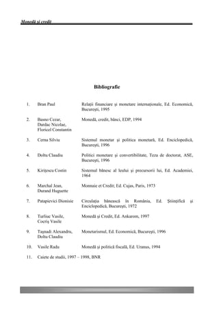 Monedă şi credit




                                      Bibliografie


  1.    Bran Paul              Relaţii financiare şi monetare internaţionale, Ed. Economică,
                               Bucureşti, 1995

  2.    Basno Cezar,           Monedă, credit, bănci, EDP, 1994
        Dardac Nicolae,
        Floricel Constantin

  3.    Cerna Silviu           Sistemul monetar şi politica monetară, Ed. Enciclopedică,
                               Bucureşti, 1996

  4.    Doltu Claudiu          Politici monetare şi convertibilitate, Teza de doctorat, ASE,
                               Bucureşti, 1996

  5.    Kiriţescu Costin       Sistemul bănesc al leului şi precursorii lui, Ed. Academiei,
                               1964

  6.    Marchal Jean,          Monnaie et Credit; Ed. Cujas, Paris, 1973
        Durand Huguette

  7.    Patapievici Dionisie   Circulaţia bănească în România,             Ed.   Ştiinţifică   şi
                               Enciclopedică, Bucureşti, 1972

  8.    Turliuc Vasile,        Monedă şi Credit, Ed. Ankarom, 1997
        Cocriş Vasile

  9.    Taşnadi Alexandru,     Monetarismul, Ed. Economică, Bucureşti, 1996
        Doltu Claudiu

  10.   Vasile Radu            Monedă şi politică fiscală, Ed. Uranus, 1994

  11.   Caiete de studii, 1997 – 1998, BNR
 