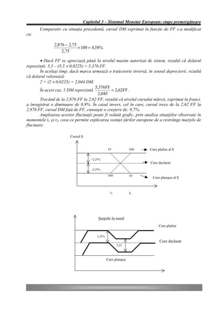 Capitolul 3 – Sistemul Monetar European: etape premergătoare
       Comparativ cu situaţia precedentă, cursul DM exprimat în funcţie de FF s-a modificat
cu:

               2,876 − 2,75
                            × 100 = 4,58%
                   2,75

        • Dacă FF se apreciază până la nivelul maxim autorizat de sistem, rezultă că dolarul
reprezintă: 5,5 – (5,5 × 0,0225) = 5,376 FF.
        În acelaşi timp, dacă marca urmează o traiectorie inversă, în sensul deprecierii, rezultă
că dolarul valorează:
        2 + (2 × 0,0225) = 2,044 DM.
                                       5,376FF
        În acest caz, 1 DM reprezintă           = 2,62FF .
                                        2,045
        Trecând de la 2,876 FF la 2,62 FF, rezultă că nivelul cursului mărcii, exprimat în franci,
a înregistrat o diminuare de 8,9%. În cazul invers, cel în care, cursul trece de la 2,62 FF la
2,876 FF, cursul DM faţă de FF, cunoaşte o creştere de: 9,7%.
        Amploarea acestor fluctuaţii poate fi redată grafic, prin analiza situaţiilor observate în
momentele t1 şi t2, ceea ce permite explicarea voinţei ţărilor europene de a restrânge marjele de
fluctuare.

                        Cursul $


                                                   FF            DM   Curs plafon al $

                                       +2,25%
                                                                      Curs declarat
                                       -2,25%
                                                   DM            FF
                                                                        Curs planşeu al $



                                                    t1           t2




                                           Şarpele în tunel
                                                                           Curs plafon

                                          2,25%
                                                                            Curs declarat
                                                         2,25



                                                  Curs planşeu
 