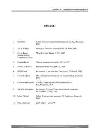 Capitolul 4 – Sistemul monetar internaţional




                                     Bibliografie




1.   Paul Bran             Relaţii financiar-monetare internaţionale, Ed. Ec., Bucureşti,
                           1996

2.   A.F.P. Bakker         Instituţiile financiare internaţionale, Ed. Antet, 1997

3.   Cezar Basno,          Monedă, Credit, Bănci, E.D.P., 1995
     Nicolae Dardac,
     Constantin Floricel

4.   Claudiu Doltu         Sisteme monetare comparate, Ed. Ec., 1997

5.   Simona Gaftoniuc      Finanţe internaţionale, ED. Ec., 1996

6.   Gill Jachand          La monnaie et son role dans l’ economie, Ed.Dunod, 1995

7.   Costin Kiriţescu      Idei contemporane în acţiune, Ed. Enciclopedică, Bucureşti,
                           1996

8.   Coloman Maioreanu     Aurul şi criza relaţiilor valutare internaţionale,
                           Edit.Academiei, 1976

9.   Michelle Mourgues     La monnaie. Systeme Financiere et theorie monetaire,
                           Ed.Economică, Paris, 1988

10. Iulian Văcărel         Relaţii financiare internaţionale, Ed. Academiei Bucureşti,
                           1995

11. Piaţa financiară       dec/97; febr. – aprilie/98
 