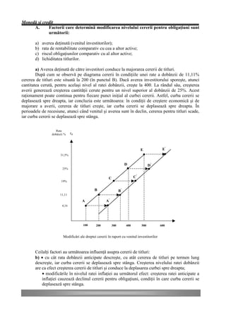 Monedă şi credit
     A.      Factorii care determină modificarea nivelului cererii pentru obligaţiuni sunt
             următorii:

       a)   averea deţinută (venitul investitorilor);
       b)   rata de rentabilitate comparativ cu cea a altor active;
       c)   riscul obligaţiunilor comparativ cu al altor active;
       d)   lichiditatea titlurilor.

        a) Averea deţinută de către investitori conduce la majorarea cererii de titluri.
        După cum se observă pe diagrama cererii în condiţiile unei rate a dobânzii de 11,11%
cererea de titluri este situată la 200 (în punctul B). Dacă averea investitorului sporeşte, atunci
cantitatea cerută, pentru acelaşi nivel al ratei dobânzii, creşte la 400. La rândul său, creşterea
averii generează creşterea cantităţii cerute pentru un nivel superior al dobânzii de 25%. Acest
raţionament poate continua pentru fiecare punct iniţial al curbei cererii. Astfel, curba cererii se
deplasează spre dreapta, iar concluzia este următoarea: în condiţii de creştere economică şi de
majorare a averii, cererea de titluri creşte, iar curba cererii se deplasează spre dreapta. În
perioadele de recesiune, atunci când venitul şi averea sunt în declin, cererea pentru titluri scade,
iar curba cererii se deplasează spre stânga.


                    Rata
                 dobânzii %    rd



                                                                                  E            E’
                       31,5%


                                                                       D                D’
                        25%


                                                        C                    C’
                       19%

                                              B                   B’
                      11,11

                                      A                A’
                        4,16




                                      100       200         300        400        500         600


                         Modificări ale dreptei cererii în raport cu venitul investitorilor



       Ceilalţi factori au următoarea influenţă asupra cererii de titluri:
       b) • cu cât rata dobânzii anticipate descreşte, cu atât cererea de titluri pe termen lung
       descreşte, iar curba cererii se deplasează spre stânga. Creşterea nivelului ratei dobânzii
       are ca efect creşterea cererii de titluri şi conduce la deplasarea curbei spre dreapta;
           • modificările în nivelul ratei inflaţiei au următorul efect: creşterea ratei anticipate a
           inflaţiei cauzează declinul cererii pentru obligaţiuni, condiţii în care curba cererii se
           deplasează spre stânga.
 