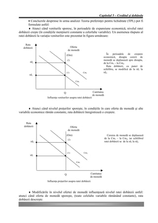 Capitolul 5 – Creditul şi dobânda
        • Concluziile desprinse în urma analizei Teoria preferinţei pentru lichiditate (TPL) pot fi
        formulate astfel:
        ♦ Atunci când veniturile sporesc, în perioadele de expansiune economică, nivelul ratei
dobânzii creşte (în condiţiile menţinerii constante a celorlalte variabile). Un asemenea răspuns al
ratei dobânzii la variaţia veniturilor este prezentat în figura următoare:

     Rata
   dobânzii                                  Oferta
                                           de monedă
                                          (Om)                                  În    perioadele   de    creştere
                                                                             economică, dreapta cererii de
                                          (2)                                monedă se deplasează spre dreapta,
         rd2                                                                 de la Cm1 – la Cm2.
                                                                                Rata dobânzii, ca punct de
                                                                             echilibru, se modifică de la rd1 la
                                          (1)           Cm2                  rd2.
        rd1

                                                 Cm1




                                      Q                             Cantitatea
                                                                    de monedă
                      Influenţa veniturilor asupra ratei dobânzii



        ♦ Atunci când nivelul preţurilor sporeşte, în condiţiile în care oferta de monedă şi alte
variabile economice rămân constante, rata dobânzii înregistrează o creştere.


      Rata
    dobânzii                                 Oferta
                                           de monedă
                                          (Om)                                      Cererea de monedă se deplasează
                                           (2)
                                                                                 de la Cm1 – la Cm2, iar echilibrul
         rd2                                                                     ratei dobânzii se de la rd1 la rd2.



                                          (1)            Cm2
         rd1

                                                  Cm1




                                      Q                        Cantitatea
                                                               de monedă
                      Influenţa preţurilor asupra ratei dobânzii



       ♦ Modificările în nivelul ofertei de monedă influenţează nivelul ratei dobânzii astfel:
atunci când oferta de monedă sporeşte, (toate celelalte variabile rămânând constante), rata
dobânzii descreşte.
 