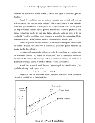 Analiza cheltuielilor i a pragului de rentabilitate într-o agen ie de turismș ț
veniturile din vânzările de bunuri, lucrări i servicii sunt egale cu cheltuielile, profitulș
fiind nul.37
Pragul de rentabilitate este un indicator financiar care exprimă acel nivel de
activitate pentru care firma nu obţine nici profit nici pierdere (punctul în care încasările
firmei sunt egale cu costurile totale de producţe - fixe ş variabile). Pentru fiecare ipoteză
de preţ de vânzare această metodă permite determinarea volumului producţiei care
trebuie realizat sau a cotei de piaţă care trebuie câştigată pentru ca firma să devina
profitabilă. Pragul de rentabilitate poate fi calculat pe ansamblul întreprinderii pe diferite
produse şi activităţi. Acesta mai este cunoscut şi sub denumirea de punct mort.
Analiza pragului de rentabilitate numită si analiza cost-volum-profit este o metodă
de analiză a riscului, fiind cunoscută în literatura de specialitate i sub denumirea deș
analiza riscului din exploatare.
Legată de analiza marginală, utilizarea pragului de rentabilitate, se constituie într-
un instrument deosebit de eficient în eviden ierea, atât a dependen ei volumuluiț ț
desfacerilor de costurile de produc ie, cât i a veniturilor ob inute de firmă-sau aț ș ț
pierderilor suferite de aceasta-în raport cu diferitele volume ale vânzărilor.
Atunci când veniturile totale încasate (V) sunt egale cu costurile totale (CT),
profitul realizat (pr) va fi egal cu zero.
V = CT => pr = 0
Punctul în care se realizează această egalitate marchează ceea ce numim
"pragul de rentabilitate" al firmei turistice.
37
Spătaru, L., Analiza economico-financiară;Instrument al managementului întreprinderilor, Ed.
Economică, Bucure ti , 2004, pg. 393;ș
16
Figura nr. 1 Pragul de rentabilitate
Costuri şi
încasări
Total încasări
Costuri variabile
Costuri totale
Pierderi
(-)
Profit
(+)
V = CT
 (y) E
 