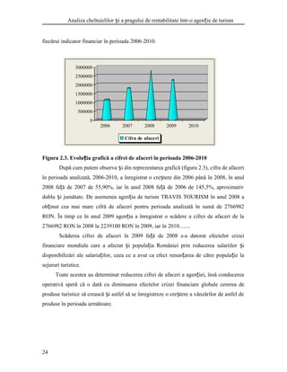 Analiza cheltuielilor i a pragului de rentabilitate într-o agen ie de turismș ț
fiecărui indicator financiar în perioada 2006-2010.
Figura 2.3. Evolu ia grafică a cifrei de afaceri în perioada 2006-2010ț
După cum putem observa i din reprezentarea grafică (figura 2.3), cifra de afaceriș
în perioada analizată, 2006-2010, a înregistrat o cre tere din 2006 până în 2008, în anulș
2008 fa ă de 2007 de 55,90%, iar în anul 2008 fa ă de 2006 de 145,5%, aproximativț ț
dublu i jumătate. De asemenea agen ia de turism TRAVIS TOURISM în anul 2008 aș ț
ob inut cea mai mare cifră de afaceri pentru perioada analizată în sumă de 2766982ț
RON. În timp ce în anul 2009 agen ia a înregistrat o scădere a cifrei de afaceri de laț
2766982 RON în 2008 la 2239100 RON în 2009, iar în 2010........
Scăderea cifrei de afaceri în 2009 fa ă de 2008 s-a datorat efectelor crizeiț
financiare mondiale care a afectat i popula ia României prin reducerea salariilor iș ț ș
disponibilizări ale salaria ilor, ceea ce a avut ca efect renun area de către popula ie laț ț ț
sejururi turistice.
Toate acestea au determinat reducerea cifrei de afaceri a agen iei, însă conducereaț
operativă speră că o dată cu diminuarea efectelor crizei financiare globale cererea de
produse turistice să crească i astfel să se înregistreze o cre tere a vânzărilor de astfel deș ș
produse în perioada următoare.
24
0
500000
1000000
1500000
2000000
2500000
3000000
2006 2007 2008 2009 2010
Cifra de afaceri
 