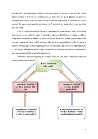 specializată în operaţiuni swap ce joacă rol de intermediar. În situaţia în care unul din clienţii
băncii doreşte să încheie un contract swap pe rata dobânzii şi nu găseşte un partener
corespunzător, banca poate acţiona ea însăşi în calitate de partener al clientului său. Riscul
asumat de bancă prin această operaţiune va fi acoperit pe piaţa futures sau pe piaţa
bursieră swap.
       Ca şi în cazul altor tipuri de contracte swap (swap-ul pe randament total) schimbul de
active între cei doi parteneri poate fi asimilat cu vânzarea de titluri de credit cu venit fix şi
cumpărarea de titluri de credit cu venit variabil de către una dintre părţi şi efectuarea
operaţiei inverse de către celălalt partener, fără ca să presupună însă transferul efectiv al
titlurilor între cei doi. Costurile operaţiunii vor fi reprezentate de comisionul intermediarului
la care se pot adăuga pierderile ce pot surveni în cazul în care rata dobânzii evoluează în
sens contrar aşteptărilor unuia dintre parteneri.
       Schematic, derularea operaţiunii swap cu implicare unei bănci comerciale în calitate
de intermediar are loc astfel:
                                      Banca comercială
                                       - intermediar -




      Emitent de titluri de                                        Emitent de titluri de
     credit cu dobândă fixă                                         credit cu dobândă
               (A)                                                     variabilă (B)




   Cumpărătorul titlurilor de                                  Cumpărătorul titlurilor de
      credit cu dobândă fixă                                   credit cu dobândă variabilă
   - creditorul emitentului A -                                - creditorul emitentului B -




                                                                                                5
 